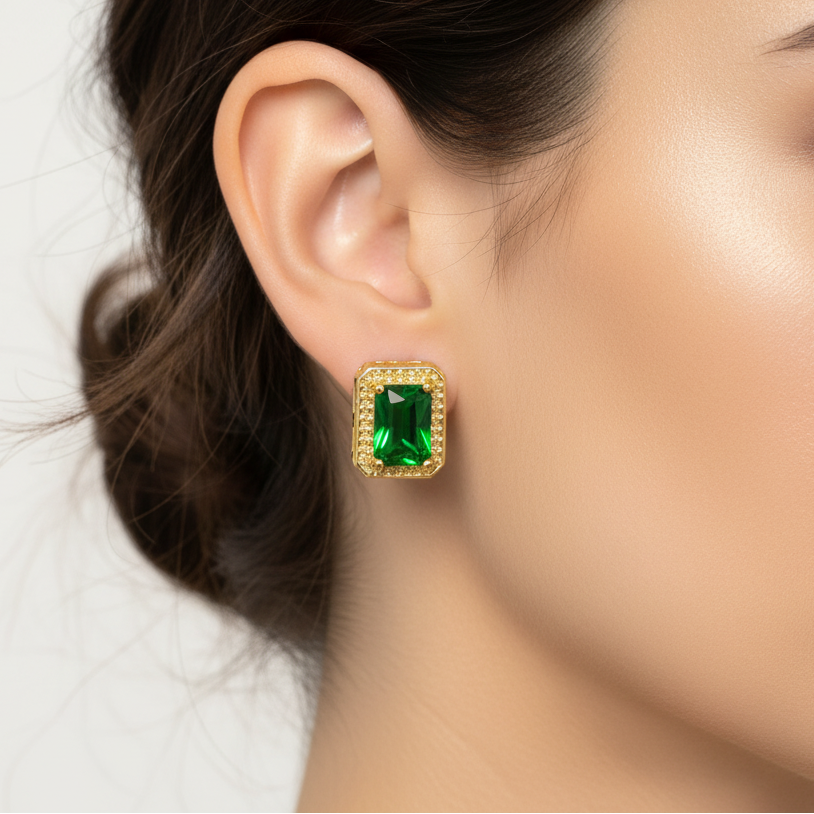 Cercei Green Emerald inox placati cu aur 18k