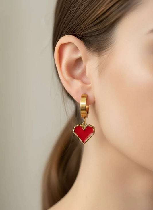 Cercei Heart rosii din inox aurii - Blingz