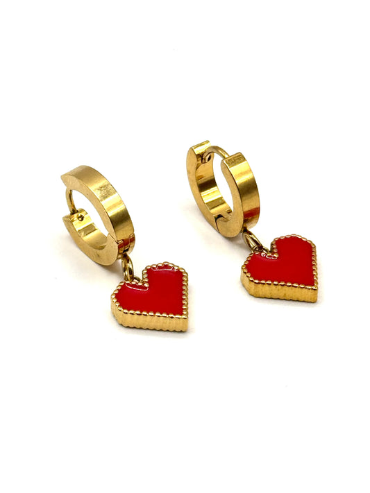 Cercei Heart rosii din inox aurii - Blingz