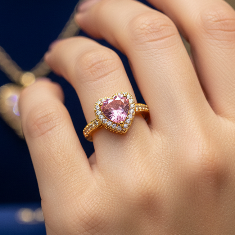Inel Pink Heart - reglabil, placat cu aur 18k