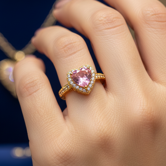 Inel Pink Heart - reglabil, placat cu aur 18k