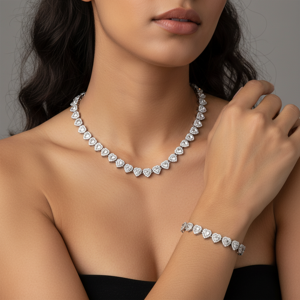 Set Heart Diamond Tennis inox zirconiu