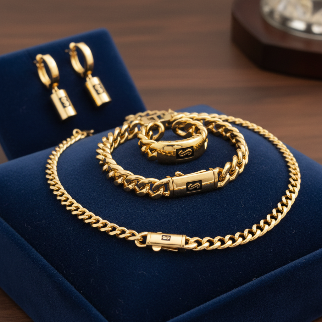 Set Monaco Cuban 8mm, inox placat cu aur 18k